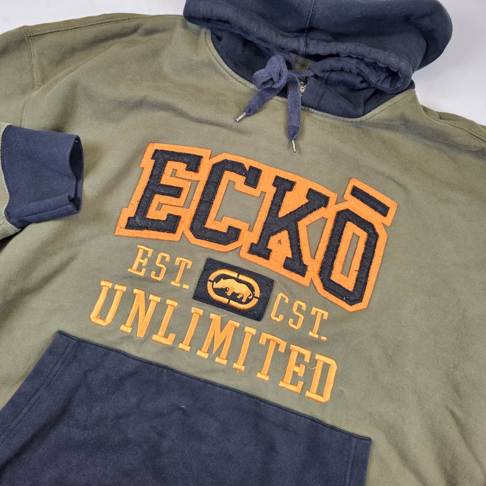 Vtg Y2k Ecko Unltd Mens 5XB Pullover Hoodie Green Black Embroidered Logo Rhino